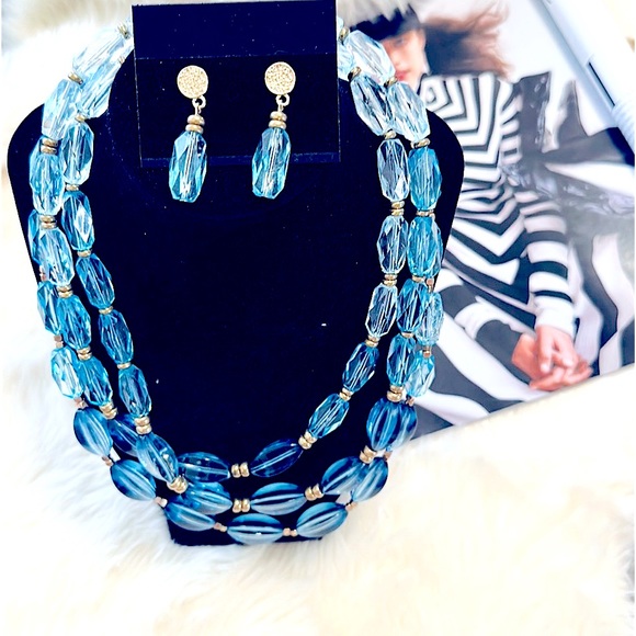 ๐3pc Jewelry Set Ladies Icy-Blue+Gold-Tone Layered Necklace+Matching Earrings - Picture 3 of 16